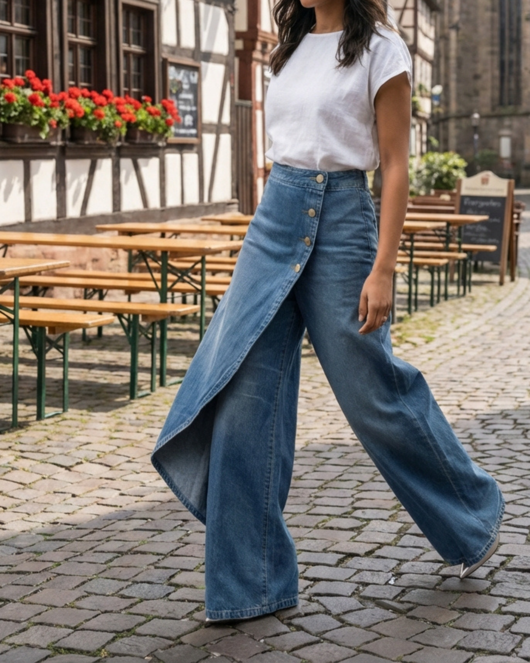 Quenira | Schicke Wickelstil Denim-Look Hose