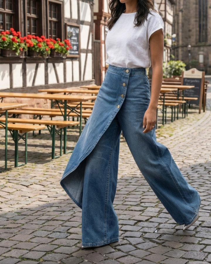 Quenira | Schicke Wickelstil Denim-Look Hose